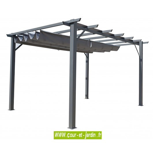 pergola terrasse mixte alu acier de 4mx3 coloris gris anthracite avec toile repliable