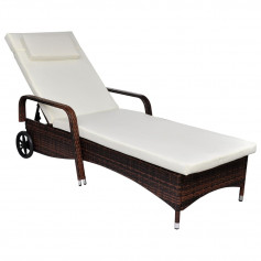 Chaise longue avec coussin et roues Résine tressée Marron